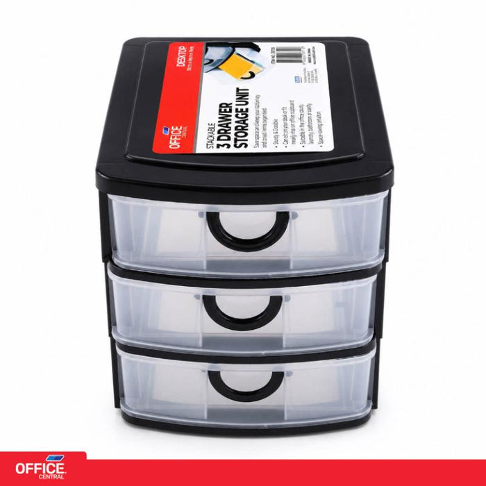 Desktop Storage Plastic 3 Drawer Storage Unit Black with Transparent Front - Medium (19cm x 14cm x 16cm)
