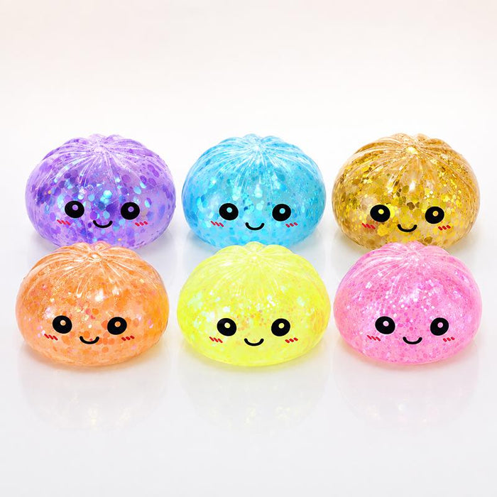 1pc Squishy Squeeze - Dumpling with Steamer Basket - Ø5.5cm - Assorted Glitter Colours