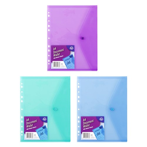 1 Document Wallet Binder PP w Button Closure A4 Assorted Colors