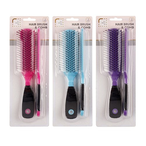 1pack Hair Brush and Comb Set 2pcs 3 Asstd Cols