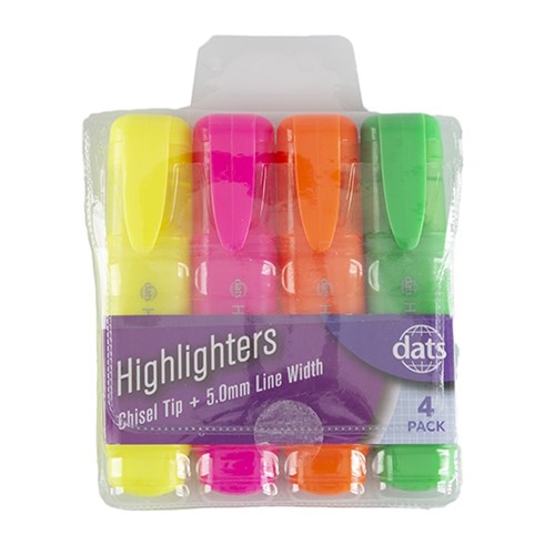 1pack Highlighter 4pcs Fluro Mixed Cols Chisel Tip in PVC Wallet