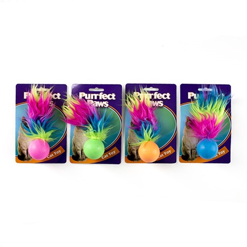 1pc Cat Toy TPR Ball w Feather Tail & Bell 4 Asstd Colours