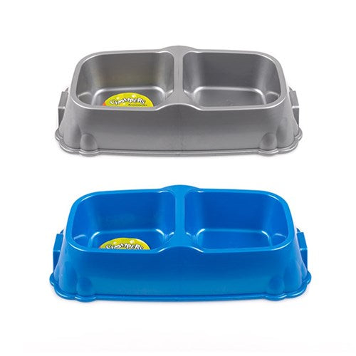 1pc Pet Bowl Double Diner Plastic 30x6.5cm 2 Assorted Metallic Cols