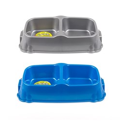 1pc Pet Bowl Double Diner Plastic 30x6.5cm 2 Assorted Metallic Cols