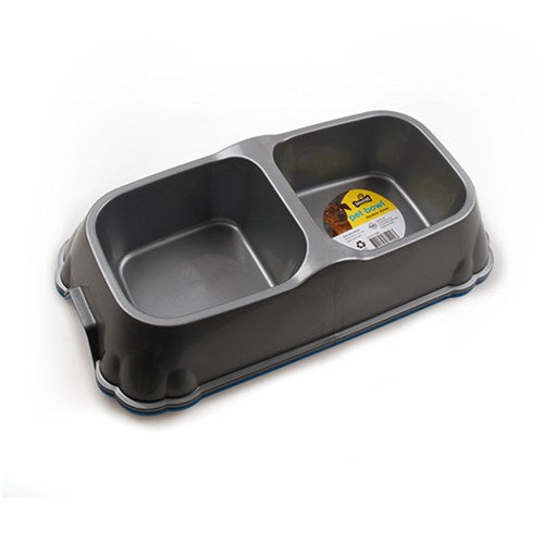 Pet Bowl Double Diner Plastic 34x7.5cm 2 Assorted Metallic Cols