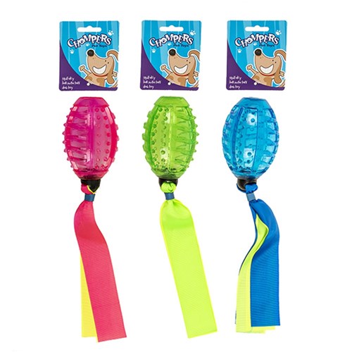 1pc Dog Toy Squeaky Oval TPR Ball 30cm w Ribbons 3 Asst Cols