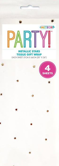 6145 - 4 Tissue Sheets - White With Metallic Gold Stars - Gift Wrap