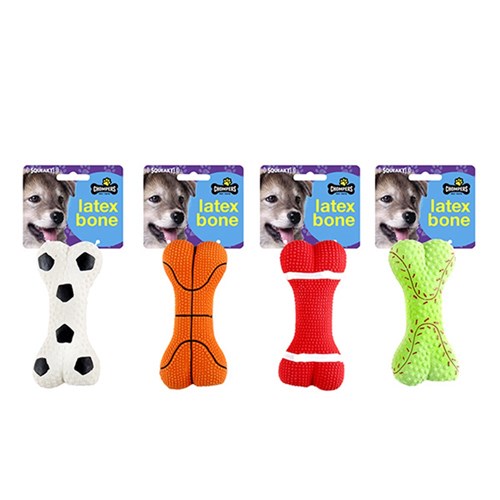 1pc Dog Toy Latex Bone 4 Assorted Designs 13cm