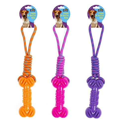 1pc Dog Rope Toy w TPR Bone L40cm 3 Assorted Colors