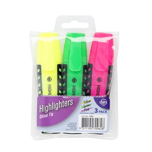 1pack Highlighter 3pcs Fluro w TPR Grip Chisel Tip in PVC Wallet
