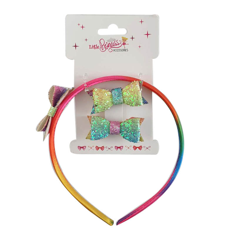 1pack KIDS HAIR SET RAINBOW COLOR HAIR BAND + 2 BOW CLIPS