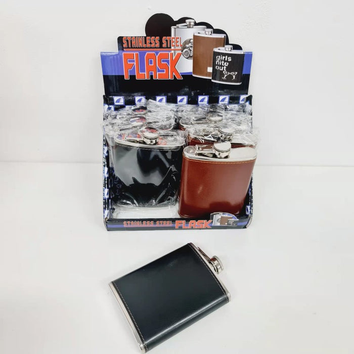 1pc S/STEEL FLASK 7OZ W/LEATHER 2 ASSORTED COLORS