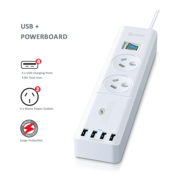2 Outlet Surge Protected USB Powerboard