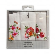 HANDKERCHIEF LADY'S P/3 EMBROIDERY COTTON 26X26CM