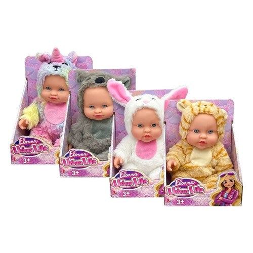 1pc Elonna Baby Doll w/Anml Clth 24cm4Ast