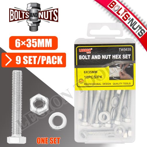 1pack Bolts/Nuts & Washers 6x35mm 9set/pk