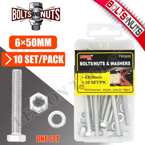 1pack Bolts/Nuts & Washers 6x50mm 10set/pk