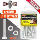 Bolts/Nuts & Washers 6x50mm 10set/pk