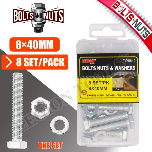 1pack Bolts/Nuts & Washers 8x40mm 8sets/pk