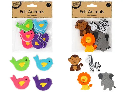 1pack FELT ANIMALS W/ ADHESIVE 12pcs Assorted Designs