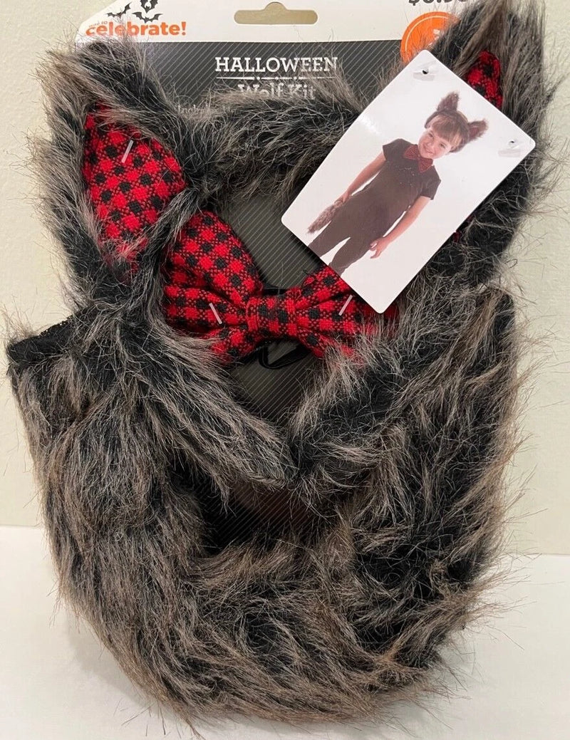 1pack Hween Buffalo Plaid Plush Wolf Disguise Kit s/3 Headband /Bow Tie /Tail
