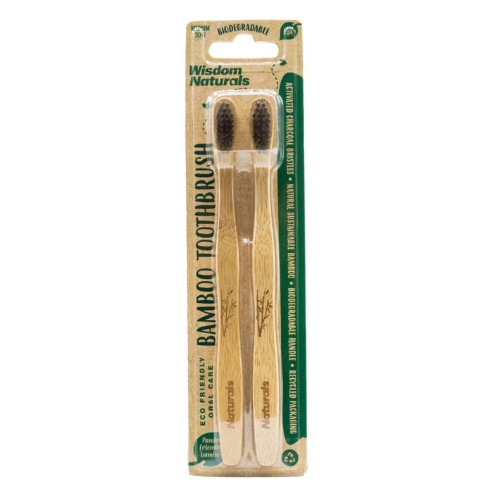 WISDOM NATURALS PK2 TOOTHBRUSH BAMBOO BIODEGRADABLE ACTIVATED CHARCOAL BRISTLES