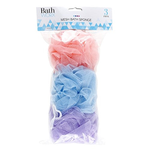 1pack Sponge Bath Mesh Pcs 3 Asstd Cols Pink Blue White