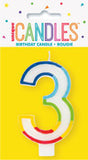 3- Birthday Candle Numeral Candle Rainbow Border Age