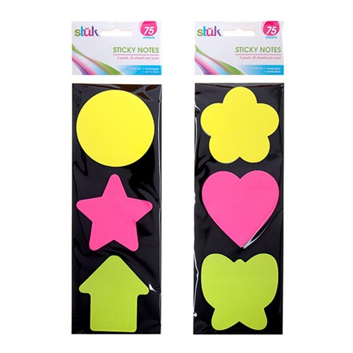 1 Pack Note Sticky Mixed Shapes Cols 25 Sheets x 3 Pads Total 75sh