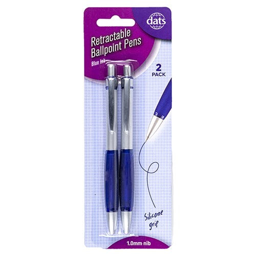 Pen Ballpoint Retractable with Silicone Grip 2pcs Blue Ink