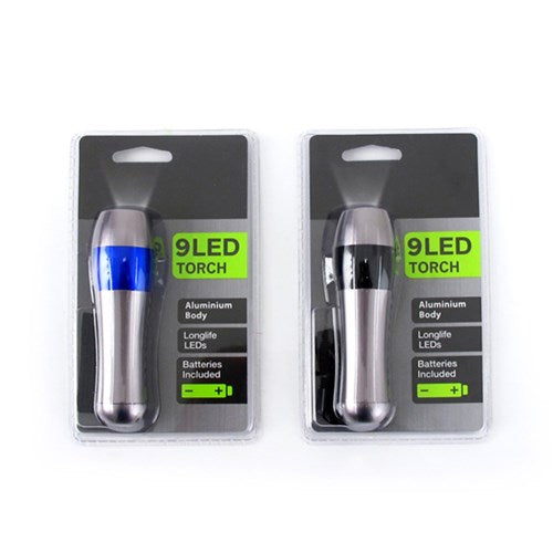 1pc Torch Aluminum 9 Led Silver w Black or Blue Band Assorted