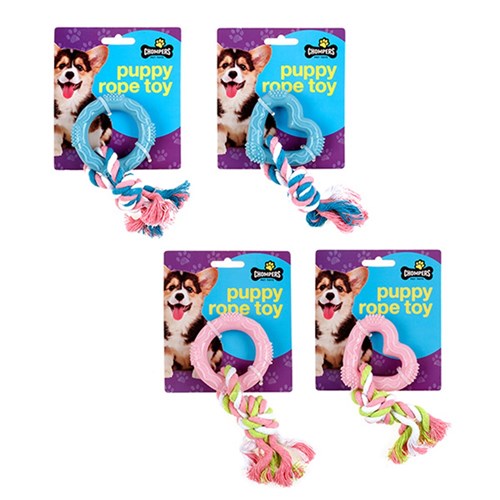 1pc Dog Puppy Toy Rope Tug 20cm w TPR Ring or Heart 4 Assorted Designs