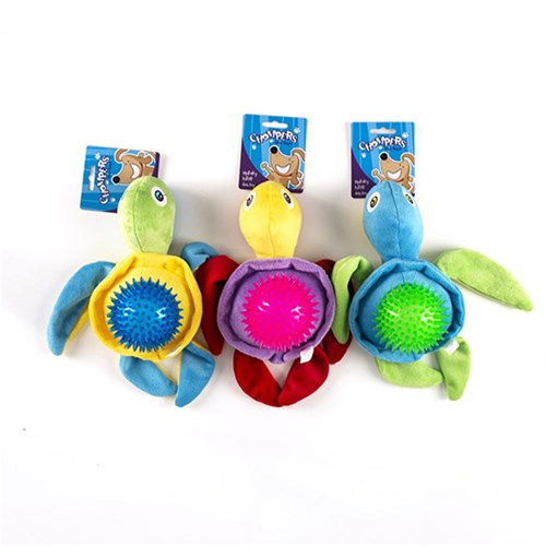 1pc Dog Toy Plush Turtle w Squeaky Spike Ball 27cm 3 Assorted Colors