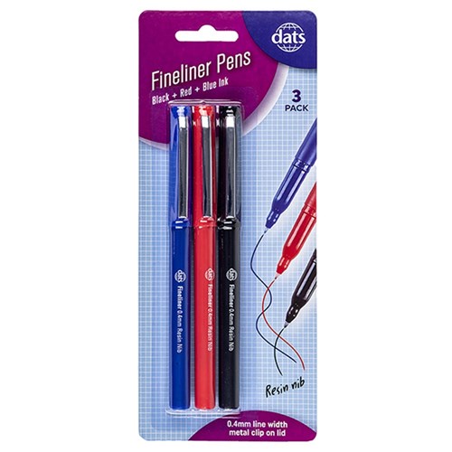 Pen Fineliner 3pcs w Metal Clip Mixed Black Blue Red Ink