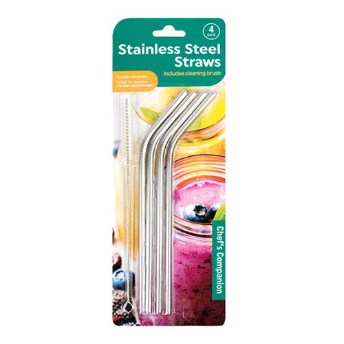 Bent Stainless Steel Straws 21cm 6mm Diameter Pack 4 with Cleaning Brush