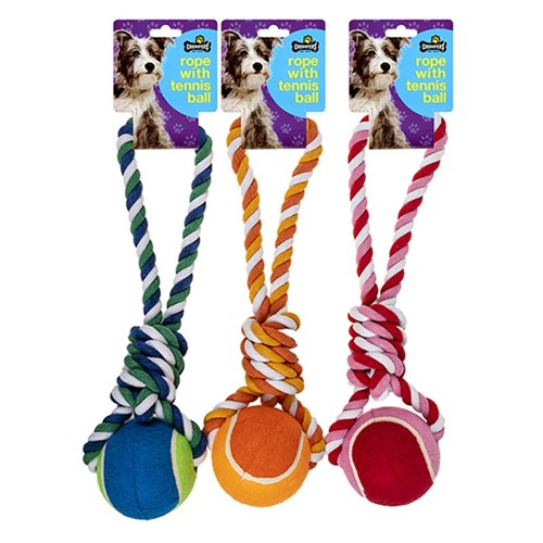 1pc Dog Toy Rope w Tennis Ball L42cm 3 Assorted Colors