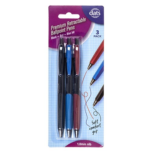 Pen Ballpoint Retractable Prem w Grip 3pcs Mixed B/B/R Ink