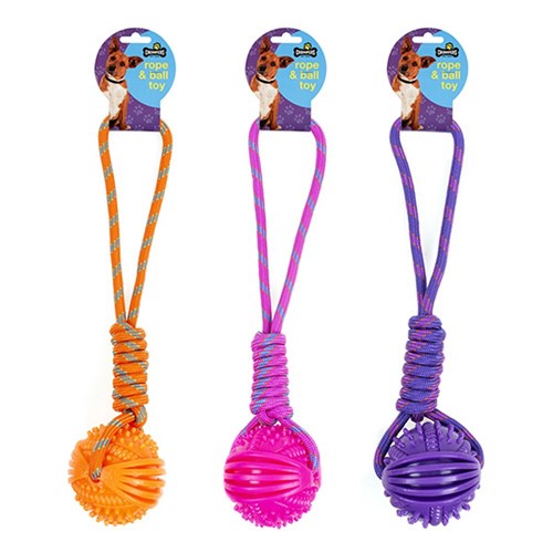 1pc Dog Rope Toy w TPR Ball L40cm 3 Assorted Colors