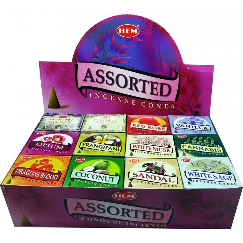 12 Pks with 10 Pcs / Pk HEM Assorted Mixed Incense Cones Bulk Buy India Scent